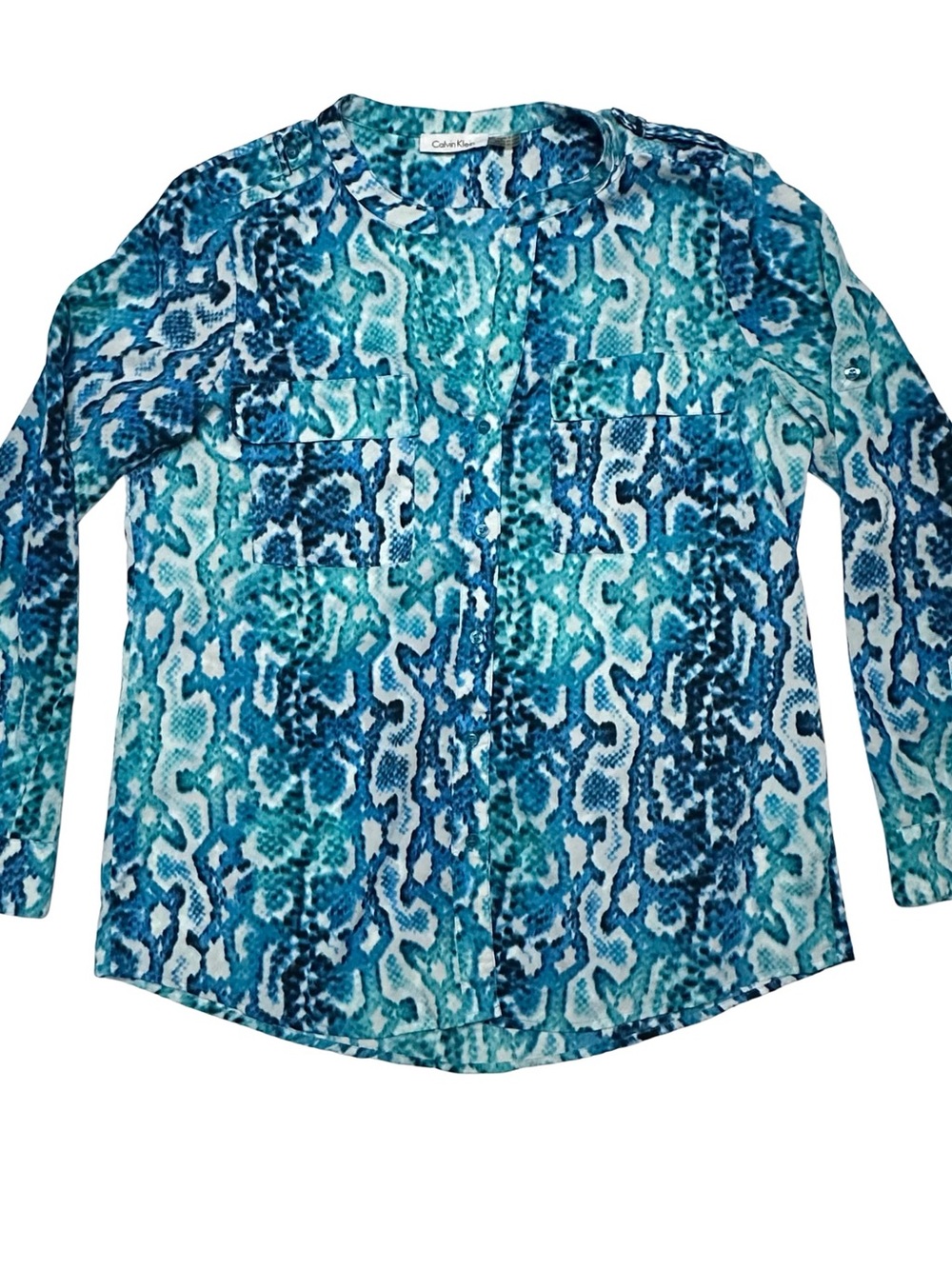 Calvin Klein Teal & Navy Snake-Print Long Sleeve Blouse